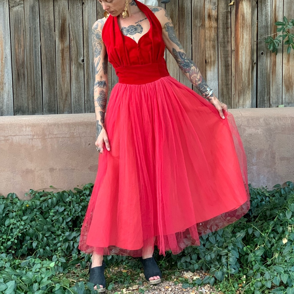 Vintage 1950s Bombshell Red Velvet Party Dress S/M